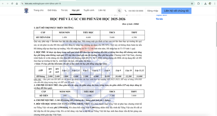 Học phí và các chi phí năm học 2025-2026 đã được công khai trên website sau khi Tạp chí phản ánh. Ảnh chụp màn hình