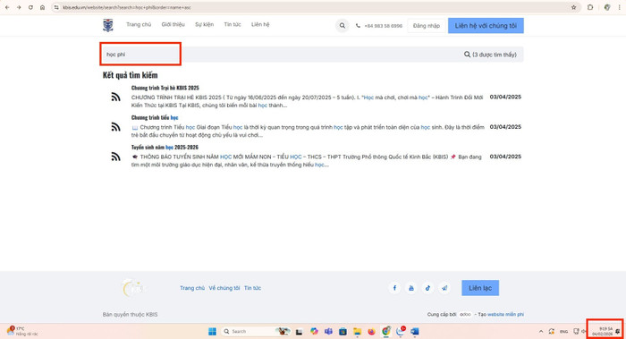 Phóng viên tìm kiếm từ khoá "học phí" trên website nhà trường vào ngày 4/2/2026 nhưng không ra kết quả. Ảnh chụp màn hình