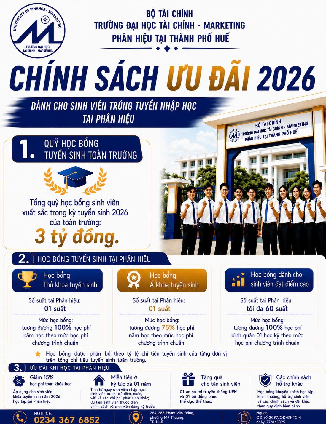 Các chính sách ưu đãi dành học sinh năm trúng tuyển nhập học tại phân hiệu của nhà trường, năm 2026.