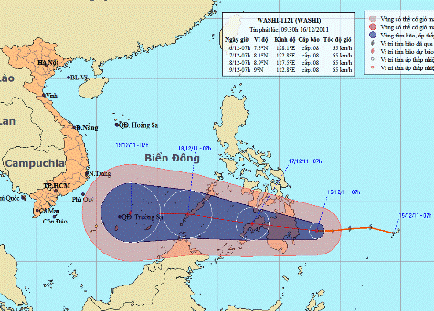 Vị trí và hướng di chuyển của cơn bão WASHI. (Nguồn: NCHMF)