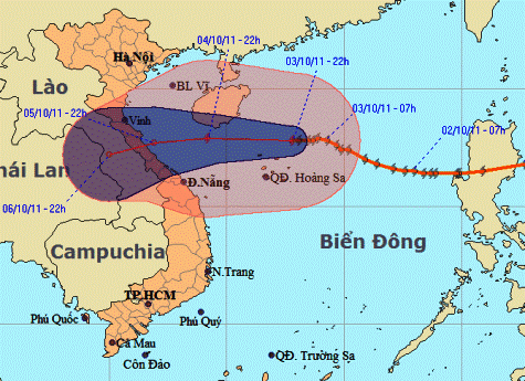 Dự báo, bão số 6 sẽ đổ bộ vào bờ biển các tỉnh từ Hà Tĩnh - Đà Nẵng vào đêm 5/10 với sức gió giật cấp 9. (Nguồn NCHMF) Dự báo, bão số 6 sẽ đổ bộ vào bờ biển các tỉnh từ Hà Tĩnh - Đà Nẵng vào đêm 5/10 với sức gió giật cấp 9. (Nguồn NCHMF)