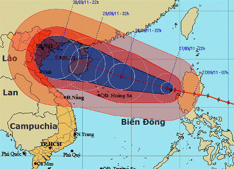Dự kiến, đến 22h ngày 30/9, vị trí tâm bão Nesta sẽ ở giữa Vịnh Bắc Bộ. (Nguồn ảnh: NCHMF)