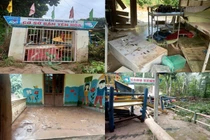Khối lượng bùn đất còn lại rất lớn tại khu sân chơi trước cửa một dãy phòng học của Trường Mầm non Mỹ Lý 2 (cơ sở Yên Hòa) bị đất vùi lấp. Ảnh: Trung Dũng