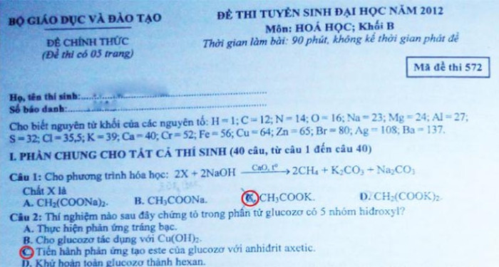 ĐÁP ÁN MÔN TOÁN KHỐI B 2012 - ĐÁP ÁN ĐH MÔN SINH KHỐI B 2012