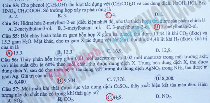 ĐÁP ÁN MÔN TOÁN KHỐI B 2012 - ĐÁP ÁN ĐH MÔN SINH KHỐI B 2012