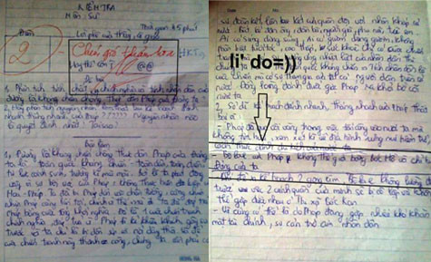 Bài kiểm tra bị cho điểm 2 với lời phê "chém gió thảm họa". Bài kiểm tra bị cho điểm 2 với lời phê "chém gió thảm họa".