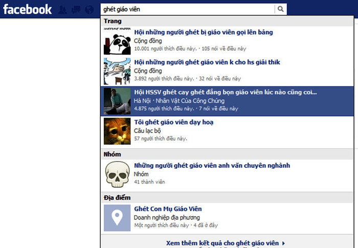 Chỉ cần gõ tìm kiếm trên facebook với từ khóa "ghét giáo viên" là có thể tìm thấy nhiều hội cùng nội dung được lập ra. Chỉ cần gõ tìm kiếm trên facebook với từ khóa "ghét giáo viên" là có thể tìm thấy nhiều hội cùng nội dung được lập ra.
