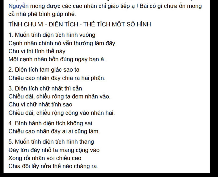 Một số cách tính công thức toán, hình học được thầy Tuyến vận dụng vào thơ để học sinh dễ nhớ. Một số cách tính công thức toán, hình học được thầy Tuyến vận dụng vào thơ để học sinh dễ nhớ.