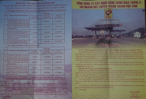 Tờ rơi thông báo tăng phí qua trạm thu phí cầu Bến Thủy 1 và Bến Thủy 2 từ ngày 8/6 do ông Võ Nghệ Sỹ ký Tờ rơi thông báo tăng phí qua trạm thu phí cầu Bến Thủy 1 và Bến Thủy 2 từ ngày 8/6 do ông Võ Nghệ Sỹ ký
