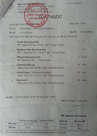 Sau khi bị ông Nguyễn Bá Hạnh - Trưởng Công an xã Thanh Đồng xịt hơi cay vào mắt gia đình đưa anh Hậu đi khám tại Bệnh viện mắt Vinh - Sài Gòn cho kết quả mắt anh Hậu bị bỏng giác mạc, kết mạc, mi mắt do bình xịt hơi cay Sau khi bị ông Nguyễn Bá Hạnh - Trưởng Công an xã Thanh Đồng xịt hơi cay vào mắt gia đình đưa anh Hậu đi khám tại Bệnh viện mắt Vinh - Sài Gòn cho kết quả mắt anh Hậu bị bỏng giác mạc, kết mạc, mi mắt do bình xịt hơi cay