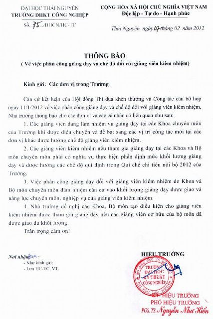 Đây là Văn bản "bổ sung" việc phân công giảng dạy và chế độ kiêm nhiệm đối với giảng viên sau khi có ý kiến từ Đại học Thái Nguyên. Đây là Văn bản "bổ sung" việc phân công giảng dạy và chế độ kiêm nhiệm đối với giảng viên sau khi có ý kiến từ Đại học Thái Nguyên.
