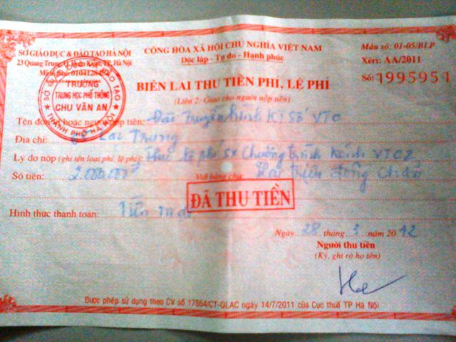 Biên lai thu tiền mà VTC nhận được từ phòng Tài vụ Trường THPT Chu Văn An là của Sở GD&ĐT Hà Nội Biên lai thu tiền mà VTC nhận được từ phòng Tài vụ Trường THPT Chu Văn An là của Sở GD&ĐT Hà Nội