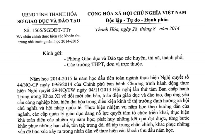 Văn bản hướng dẫn thu - chi được Sở giáo dục Thanh Hóa gửi tới các đơn vị giáo dục trong toàn tỉnh. Văn bản hướng dẫn thu - chi được Sở giáo dục Thanh Hóa gửi tới các đơn vị giáo dục trong toàn tỉnh.