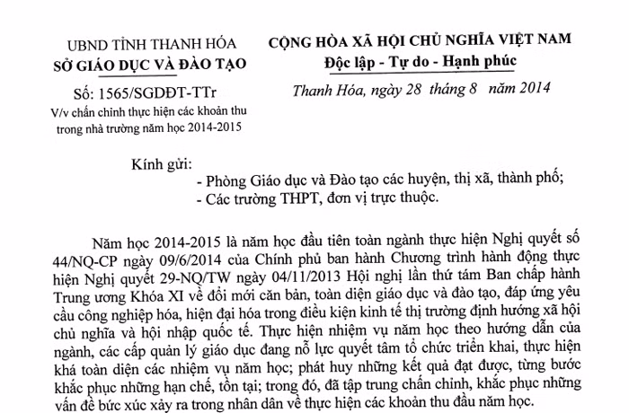 Văn bản hướng dẫn thu - chi được Sở giáo dục Thanh Hóa gửi tới các đơn vị giáo dục trong toàn tỉnh.