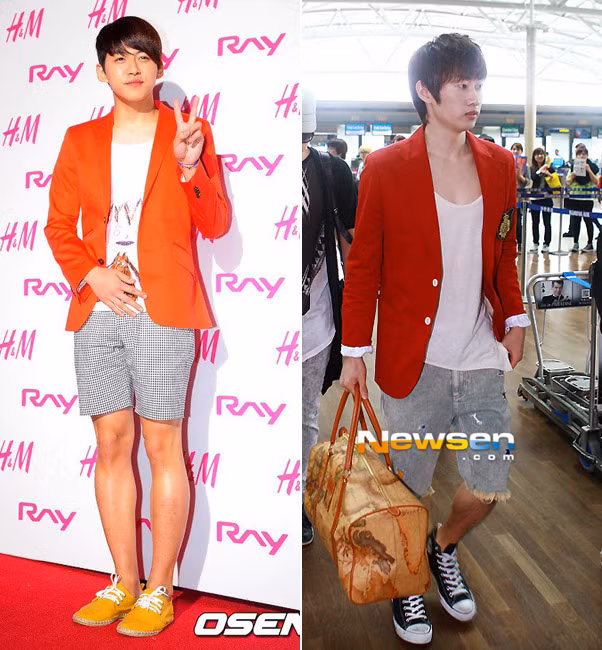 Anh chàng Dongho của U-kiss đưa phong cách color block vào trang phục bằng blazer cam, giày vàng nổi bật còn Eunhyuk bớt chói hơn với quần ngố màu ghi đá và blazer đỏ. Xem thêm: Đẹp trai và phong cách như thần tượng Hàn Quốc Jae Bum