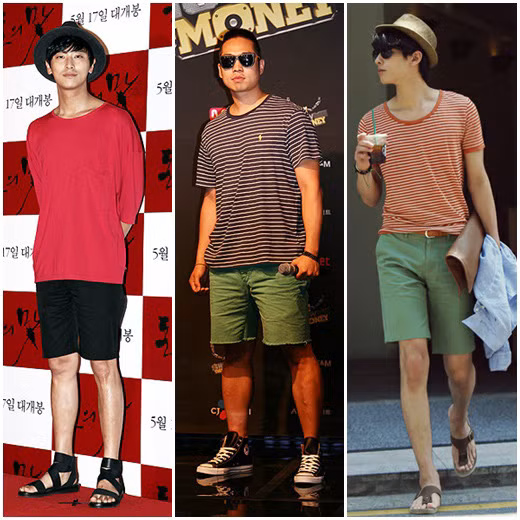 “Thái tử” Joo Jin Ho mang phong cách casual tới dự event với áo thun đỏ, quần ngố đen, chiếc mũ phớt và đôi sandal quai da to bản được kết hợp rất đúng kiểu. Xem thêm: Đẹp trai và phong cách như thần tượng Hàn Quốc Jae Bum