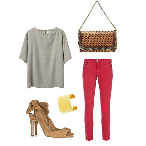 Nếu muốn màu sắc hơn thì chiếc xắc tay màu vàng sẽ tạo nên hình ảnh colorblock rất ấn tượng cho bạn khi mặc cùng áo thun màu ghi. Xem thêm: Diện quần jeans sành điệu như cô nàng "Bella" xinh đẹp