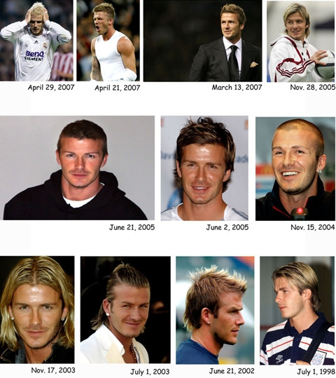 Tổng hợp "thời trang" tóc của Beckham từ năm 1998 đến năm 2007.(Ảnh: MU) Xem thêm:Khám phá 10 quy tắc vàng trong làm đẹp của Victoria Beckham Tổng hợp "thời trang" tóc của Beckham từ năm 1998 đến năm 2007.(Ảnh: MU) Xem thêm:Khám phá 10 quy tắc vàng trong làm đẹp của Victoria Beckham