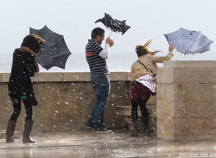 Gió bão thổi tung ô của khách bộ hành ở Nice, miền nam nước Pháp.