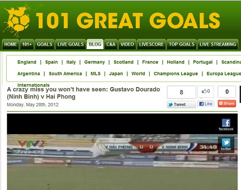 101greatgoal đăng tải clip ghi bàn hụt khó tin của tiền đạo Gustavo