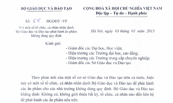 Công văn khẩn của Bộ GD&ĐT gửi các cơ sở.