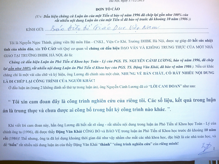 Đơn tố cáo ông Thành gửi tới báo Giáo dục Việt Nam. Đơn tố cáo ông Thành gửi tới báo Giáo dục Việt Nam.