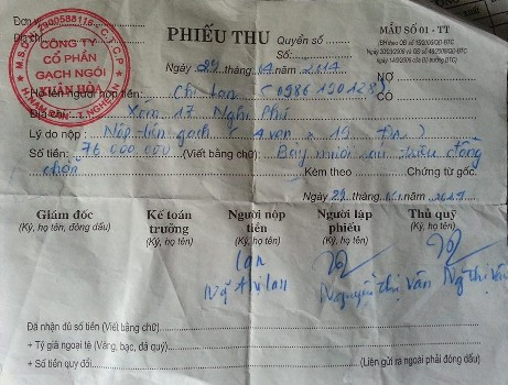 Trước đó để xây nhà chị đã mua 40.000 viên gạch của Công ty Cổ phần gạch ngói Xuân Hòa (Nam Đàn, Nghệ An) với giá 76 triệu đồng