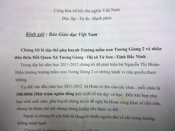 Đơn phản ánh của hàng trăm phụ huynh gửi tới Báo Giáo dục Việt Nam về việc thu chi không công minh tại trường Mầm non Tương Giang 2, TX Từ Sơn, Bắc Ninh.