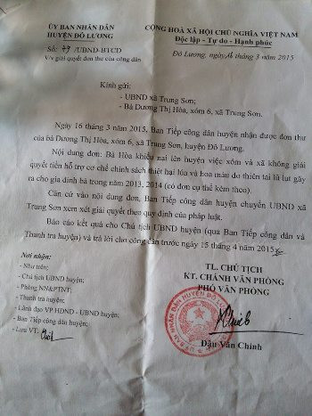 Công văn của UBND huyện Đô Lương yêu cầu UBND xã Trung Sơn kiểm tra, xác minh thông tin người dân xóm 6 phản ánh báo cáo cấp trên và trả lời người dân trước ngày 15/4/2015 (ảnh Xuân Hòa) Công văn của UBND huyện Đô Lương yêu cầu UBND xã Trung Sơn kiểm tra, xác minh thông tin người dân xóm 6 phản ánh báo cáo cấp trên và trả lời người dân trước ngày 15/4/2015 (ảnh Xuân Hòa)