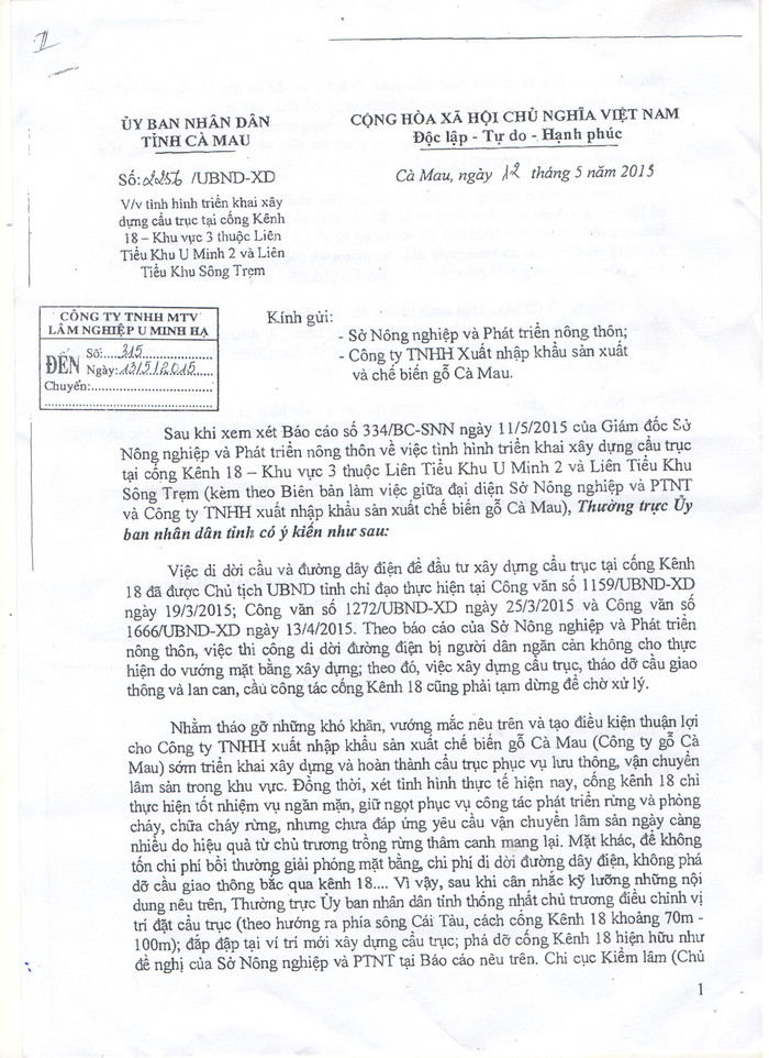 Công văn 2256 của UBND tỉnh Cà Mau (Ảnh: Trúc Linh) Công văn 2256 của UBND tỉnh Cà Mau (Ảnh: Trúc Linh)