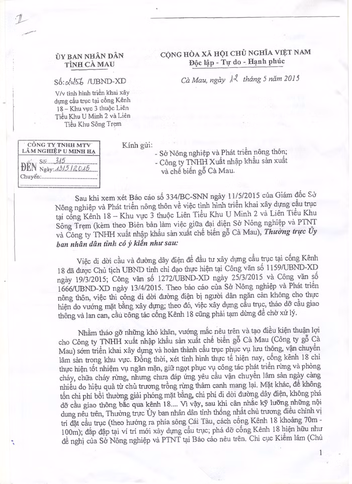 Công văn 2256 của UBND tỉnh Cà Mau (Ảnh: Trúc Linh)