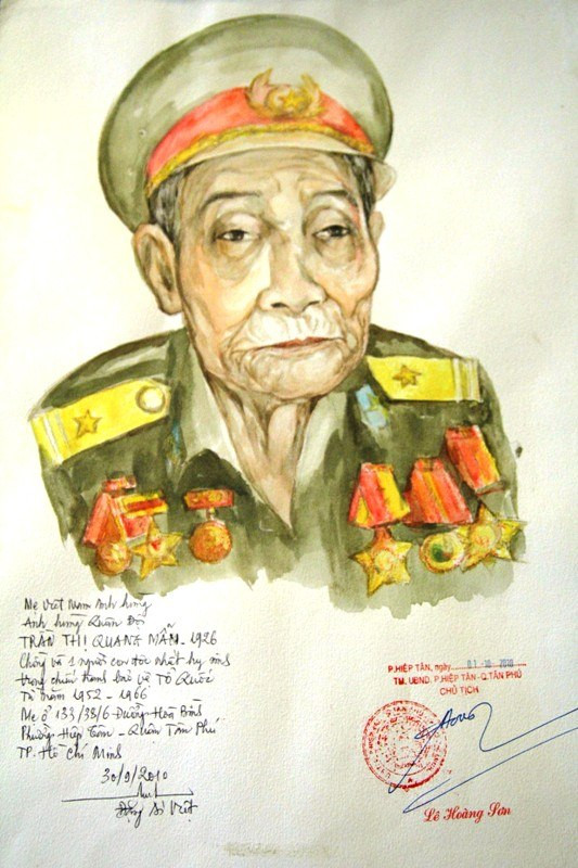 Mẹ Trần Thị Quang Mẫn, sinh năm 1926 có chồng và 1 con độc nhất hy sinh từ năm 1952-1966. Mẹ ở phường Hiệp Tân, quận Phú Nhuận, TP HCM. Mẹ Trần Thị Quang Mẫn, sinh năm 1926 có chồng và 1 con độc nhất hy sinh từ năm 1952-1966. Mẹ ở phường Hiệp Tân, quận Phú Nhuận, TP HCM.