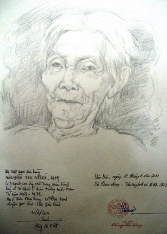 Chân dung Mẹ Nguyễn Thị Nghi, sinh năm 1919 có 3 người con hy sinh trong chiến tranh bảo vệ Tổ Quốc tại chiến trường miền Nam từ năm 1968-1972. Mẹ ở thôn Lai Trong, xã Đại Minh, huyện Yên Bình, tỉnh Yên Bái. Chân dung Mẹ Nguyễn Thị Nghi, sinh năm 1919 có 3 người con hy sinh trong chiến tranh bảo vệ Tổ Quốc tại chiến trường miền Nam từ năm 1968-1972. Mẹ ở thôn Lai Trong, xã Đại Minh, huyện Yên Bình, tỉnh Yên Bái.