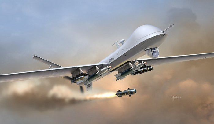 Máy bay tấn công không người lái MQ-9 Reaper của Mỹ phóng tên lửa Hellfire. Máy bay tấn công không người lái MQ-9 Reaper của Mỹ phóng tên lửa Hellfire.