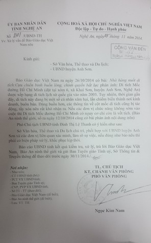 Công văn của UBND tỉnh Nghệ An chỉ đạo, giao Sở Văn hóa, Thể Thao, Du Lịch; UBND huyện Anh Sơn và các đơn vị liên quan xử lý vấn đề báo Giáo dục Việt Nam nêu Công văn của UBND tỉnh Nghệ An chỉ đạo, giao Sở Văn hóa, Thể Thao, Du Lịch; UBND huyện Anh Sơn và các đơn vị liên quan xử lý vấn đề báo Giáo dục Việt Nam nêu