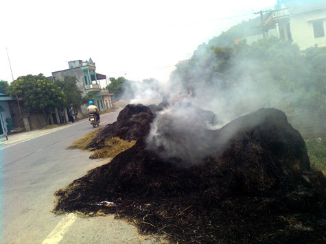 Những đống tro rơm rạ ngay cạnh bên đường trở thành những cái "bẫy" đối với người đi đường do khói bụi rơm rạ có thể bay vào mắt làm hạn chế tầm nhìn, tiềm ẩn nguy cơ xảy ra tai nạn rất cao. Những đống tro rơm rạ ngay cạnh bên đường trở thành những cái "bẫy" đối với người đi đường do khói bụi rơm rạ có thể bay vào mắt làm hạn chế tầm nhìn, tiềm ẩn nguy cơ xảy ra tai nạn rất cao.