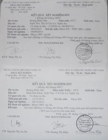 Kết quả kiểm tra lại của anh Sửu sau hơn 10 năm bị kết luận dương tính HIV cho thấy anh không hề nhiễm HIV (ảnh Xuân Hòa)