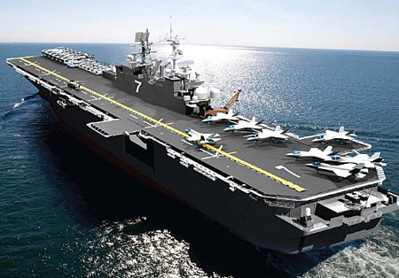 “America” có thể mang theo 38 máy bay các loại, trong đó có ít nhất 10 chiếc F-35B. “America” có thể mang theo 38 máy bay các loại, trong đó có ít nhất 10 chiếc F-35B.
