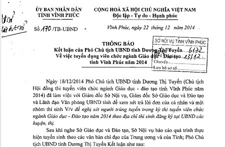 Van bản thông báo về Kỳ thi của tỉnh Vĩnh Phúc khẳng định làm đúng quy trình.