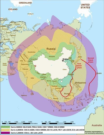 Phạm vi tác chiến chống can dự của quân đội Trung Quốc (PLA). Mỹ cho rằng, PLA đã triển khai tên lửa tầm trung Đông Phong-21 hiện đại hơn để đối phó với Ấn Độ Phạm vi tác chiến chống can dự của quân đội Trung Quốc (PLA). Mỹ cho rằng, PLA đã triển khai tên lửa tầm trung Đông Phong-21 hiện đại hơn để đối phó với Ấn Độ