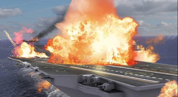 Báo Nhật tưởng tượng về chiến tranh trên biển tương lai giữa Nhật-Trung, trong đó tàu sân bay Hải quân Trung Quốc bị tiêu diệt (nguồn mạng sina TQ)
