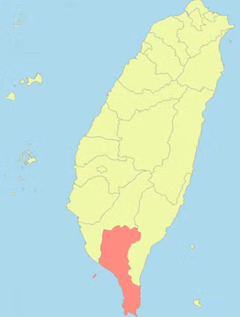 Tâm chấn của trận động đất hôm 26/2 nằm tại huyện Bình Đông (màu đỏ) của đảo Đài Loan. Ảnh: Wikipedia.