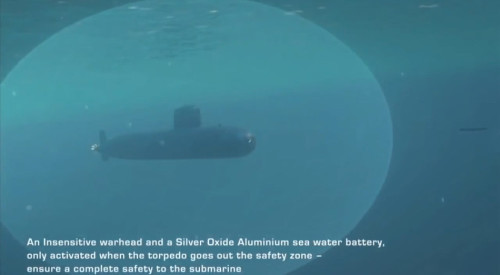 Tàu ngầm lớp Scorpene của Pháp phóng ngư lôi hạng nặng F-21 (nguồn mạng sina TQ)