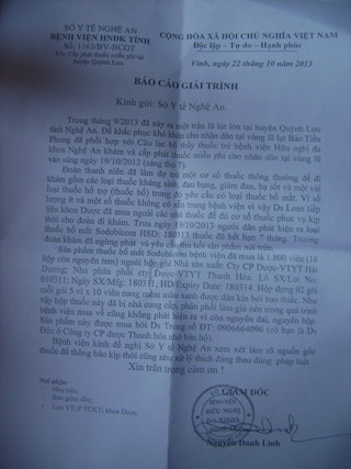 Bản báo cáo sự việc của Ban Giám đốc Bệnh viện ĐK Nghệ An gửi lên Sở Y tế Nghệ An