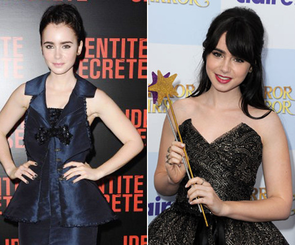 "Nàng bạch tuyết" Lily Collins quay ngoắt từ hình ảnh "U40" sang thiếu nữ nhờ thay đổi kiểu tóc và trang phục. Không khó để nhận ra rằng các sao luôn trẻ hơn khi để tóc mái. Xem thêm: Không hớ hênh, Sao vẫn "ẵm danh" phản cảm