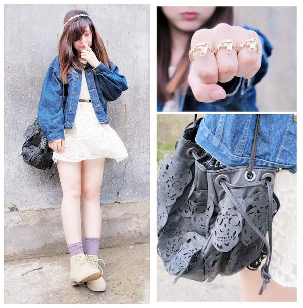 Vẫn lại là sự kết hợp váy ren với áo khoác denim, nhưng lần này, cô bạn Kòi Bánh Mỳ chọn cho mình giày và phụ kiện nữ tính hơn.