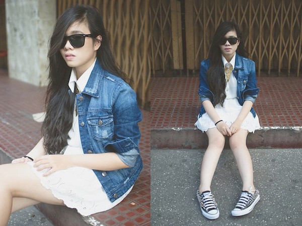 Bi Heo Linh Đan lại chọn cho mình váy ren đục mix cùng áo khoác denim và giày Converse nạm đính lạ mắt.