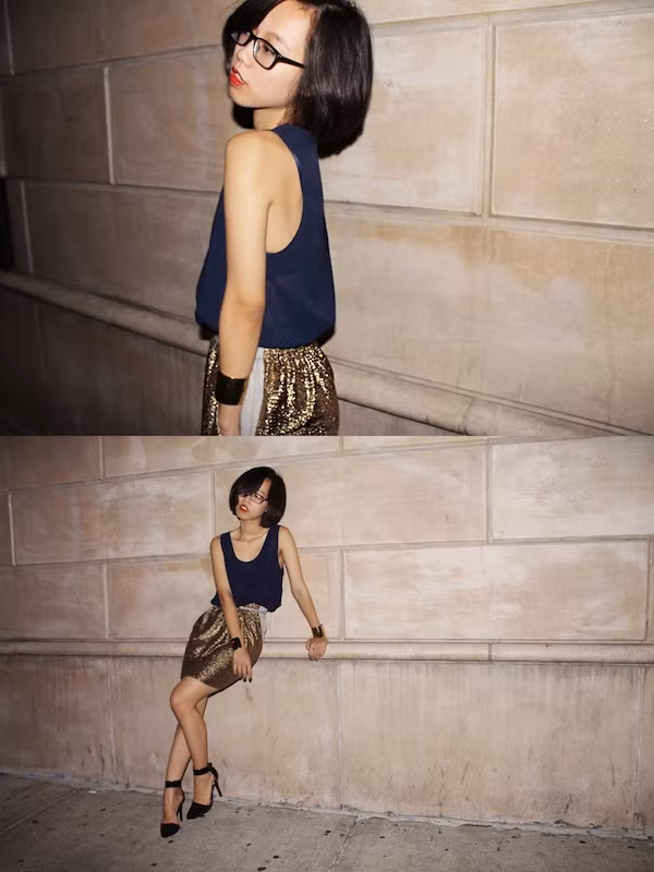 Daulbe cuốn hút với chân váy sequin mix kèm áo ba lỗ và sandal cao gót.