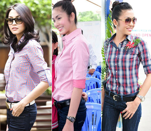 Kiểu kết hợp áo sơ mi với quần jeans và thêm thắt lưng tạo điểm nhấn tại eo như Tăng Thanh Hà luôn mang đến vẻ đẹp năng động và hiện đại