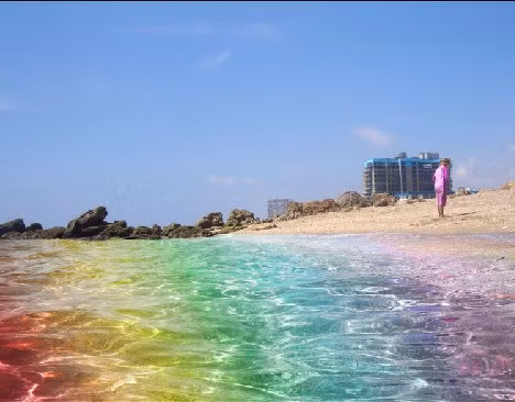 Bãi biển cầu vồng (California, Mỹ): Sở dĩ có cái tên như vậy là nhờ hàng tỷ những tinh thể ngọc thạch nhỏ xíu theo thời gian chảy xuống từ những ngọn đồi gần bờ cát hòa lẫn vào từng ngọn sóng biển, dưới tác động của ánh nắng mặt trời tạo nên muôn ngàn màu sắc, thay đổi không ngừng, khiến bãi biển như biến thành một dải cầu vồng rực rỡ, lung linh không thể rời mắt.